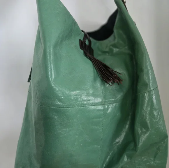 ​Tano Mint Green Leather Hobo Bag Tassel Whipstitch Handle Boho Slouchy - Picture 16 of 16